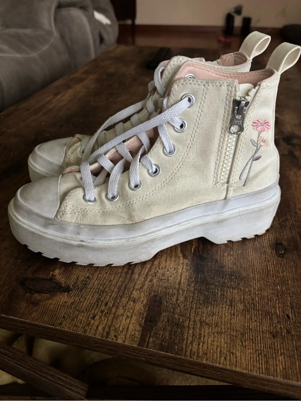 Converse Kids High Top Sneakers in Cream with Pink Floral